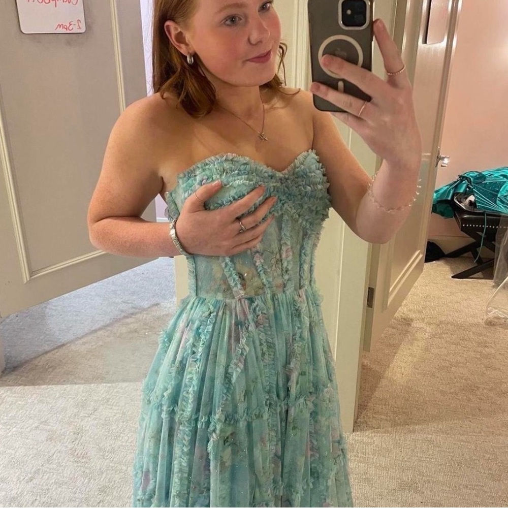 Strapless Blue Ruffled Dress